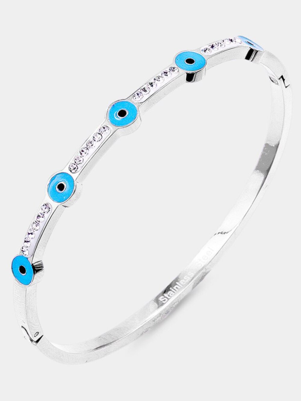 Stainless Steel Bangle Bracelet Hinge Closure Evil Eye Hamsa Crystal SILVER BLUE